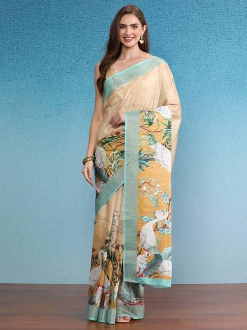 silk land beige silk printed saree with unstitched blouse