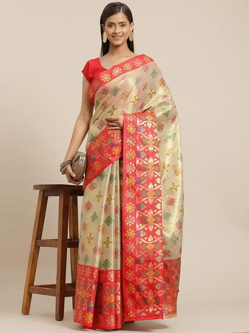 silk land beige silk woven saree with unstitched blouse