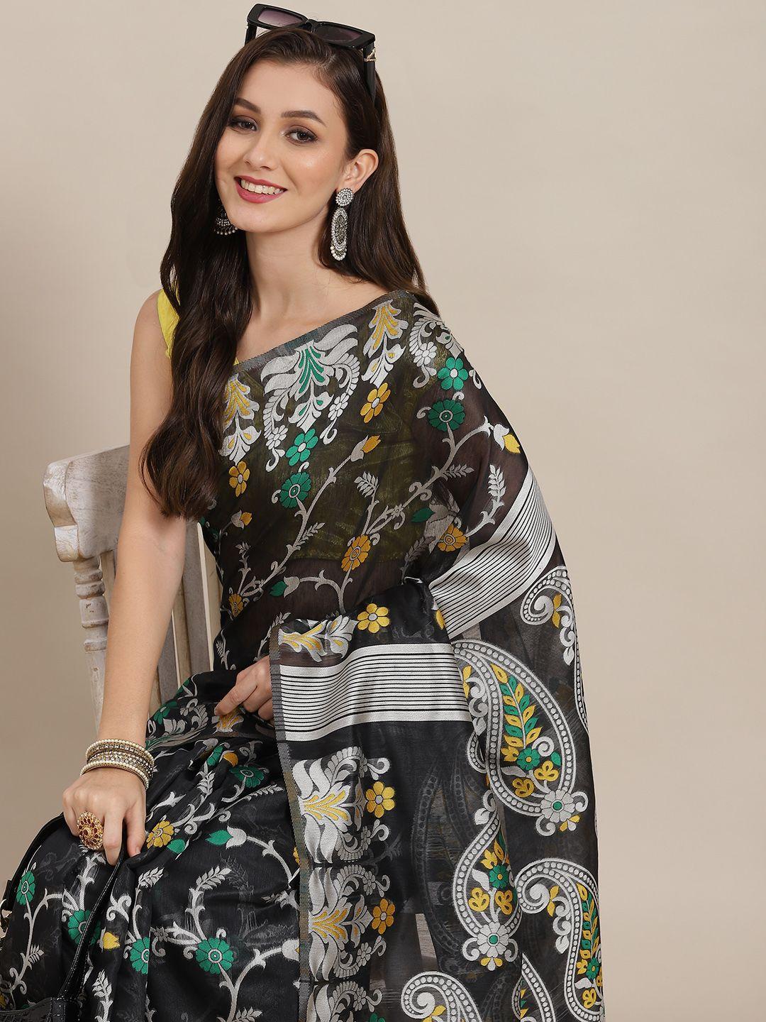 silk land black & grey floral pure cotton jamdani saree