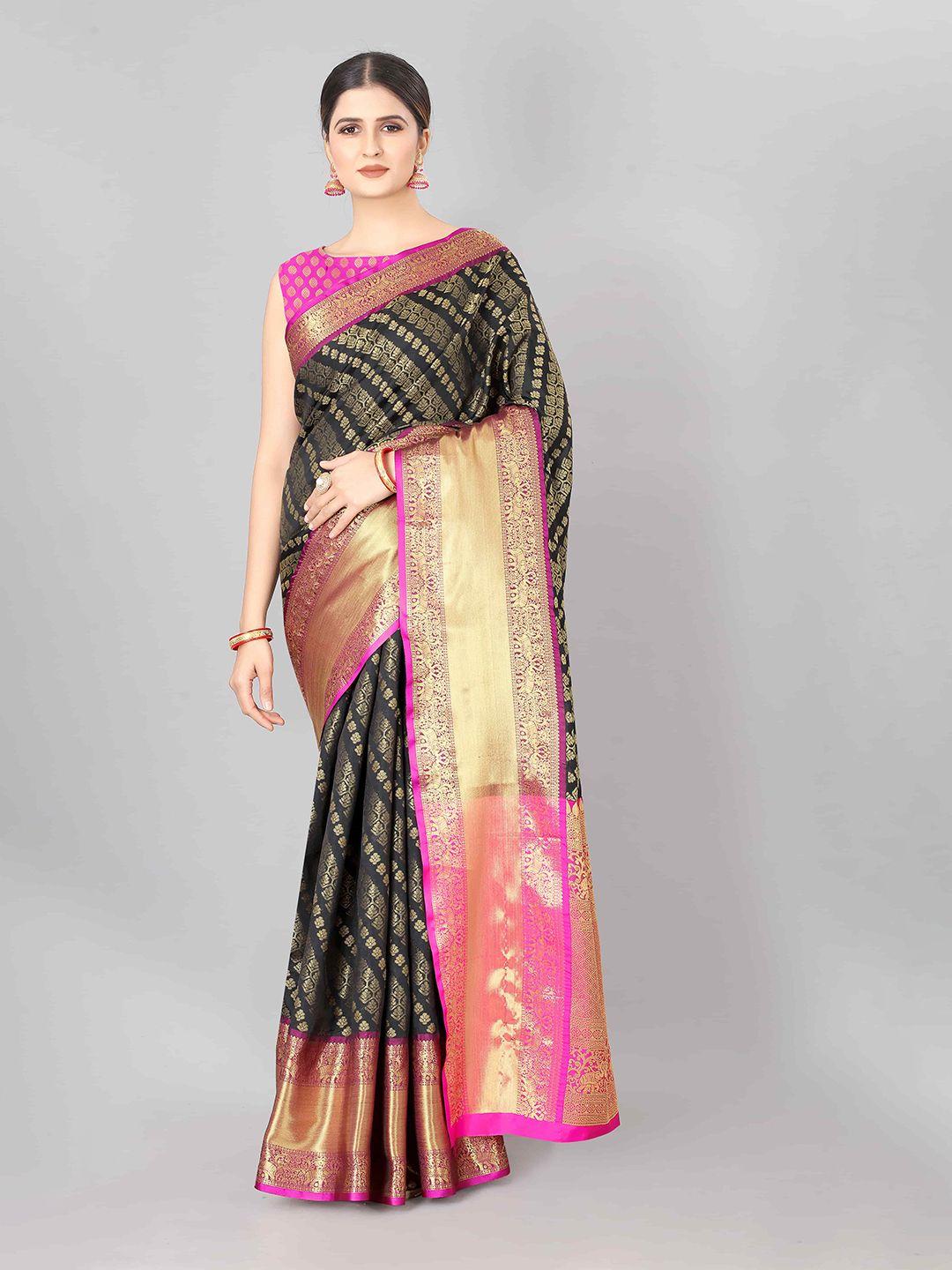 silk land black & pink ethnic motifs zari art silk banarasi saree