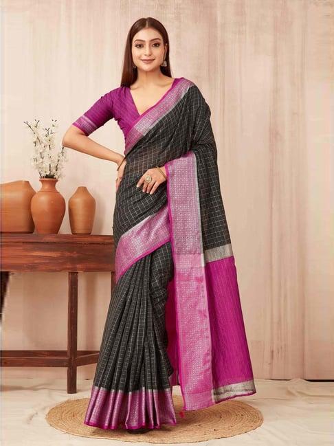 silk land black & purple silk woven saree with unstitched blouse