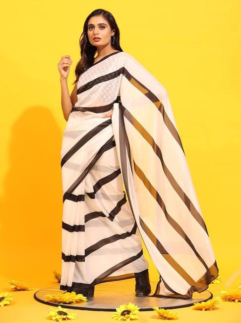 silk land black & white silk striped saree with blouse