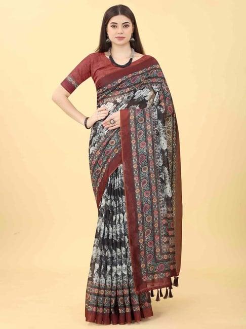 silk land black floral print saree with unstitched blouse