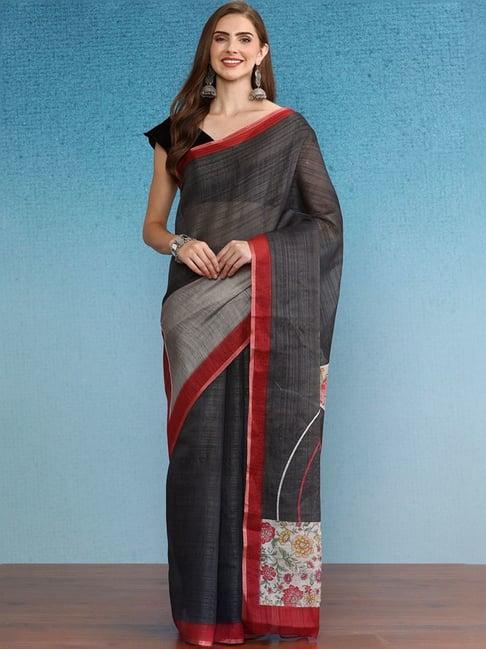 silk land black printed saree with unstitched blouse