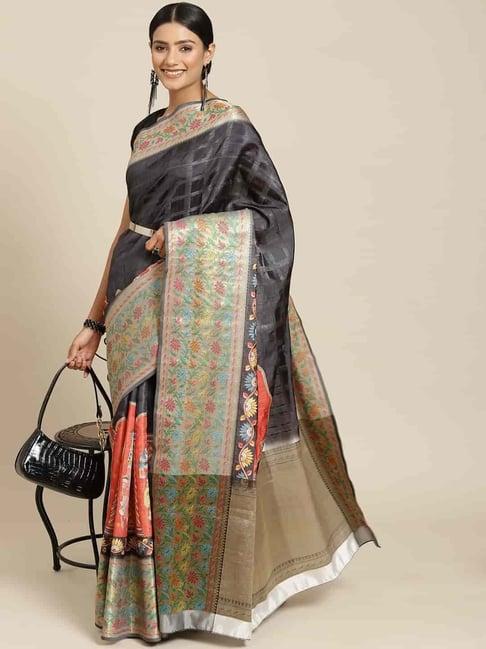 silk land black silk printed saree with unstitched blouse