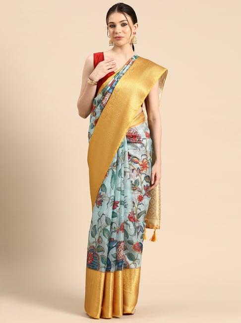 silk land blue & gold printed saree with unstitched blouse