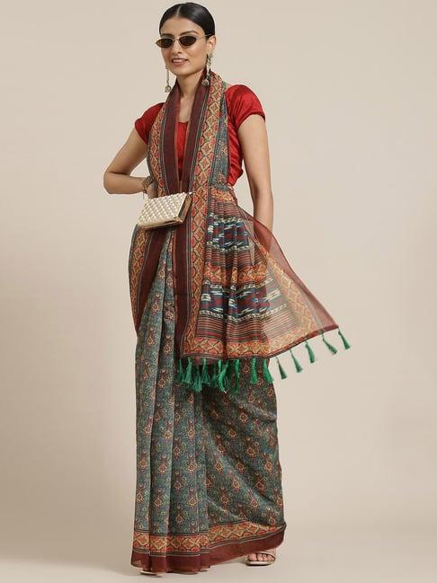 silk land blue & maroon cotton floral print saree with unstitched blouse