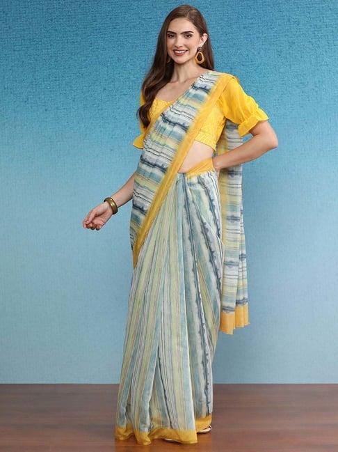 silk land blue & mustard striped saree with unstitched blouse