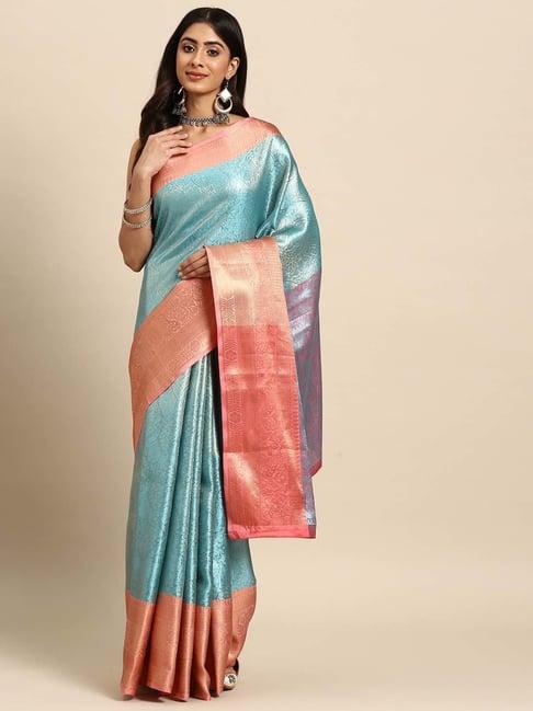 silk land blue & orange woven saree with unstitched blouse