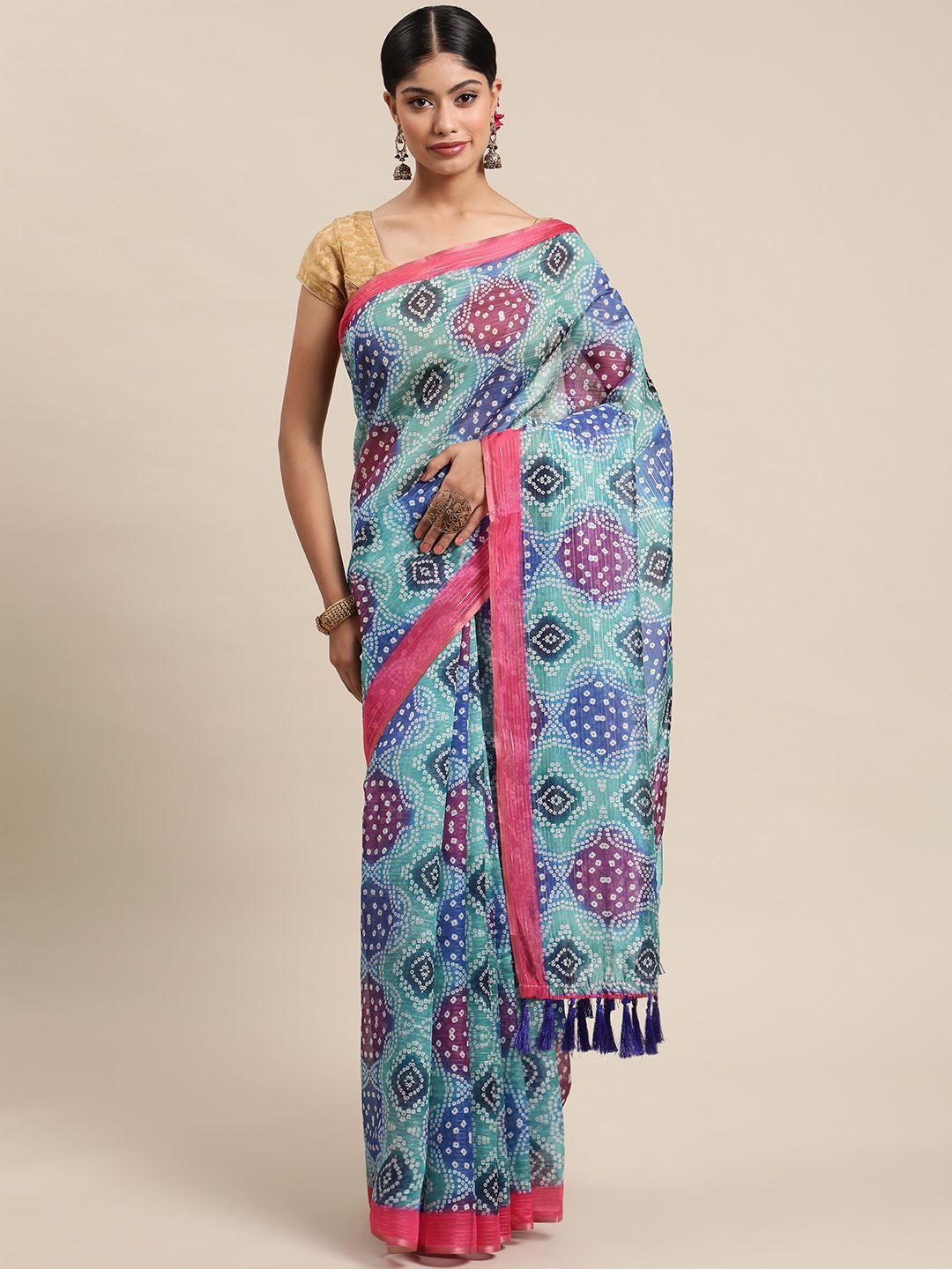 silk land blue & pink bandhani zari art silk bandhani saree