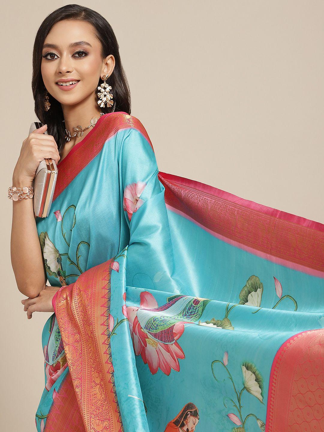 silk land blue & pink ethnic motifs zari art silk banarasi saree