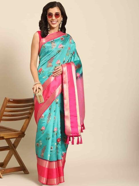 silk land blue & pink silk floral print saree with unstitched blouse