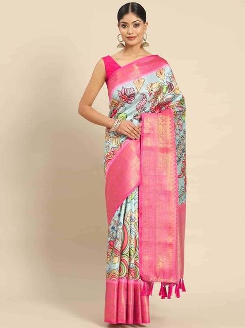 silk land blue & pink silk printed saree with unstitched blouse