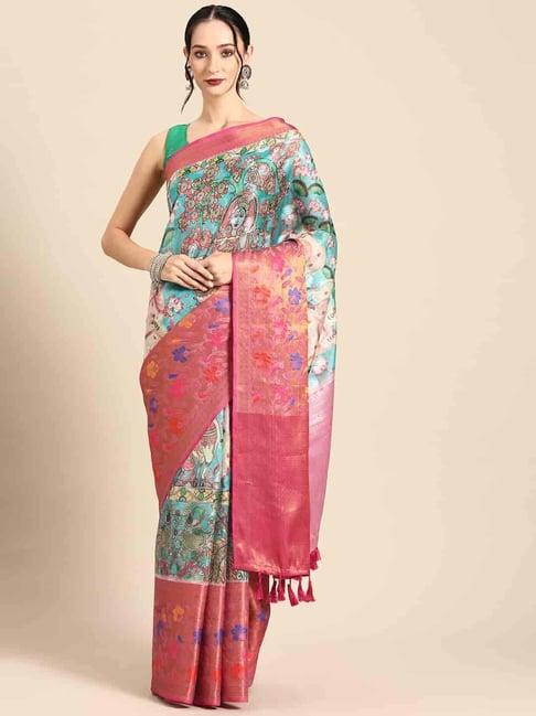 silk land blue & pink silk printed saree with unstitched blouse