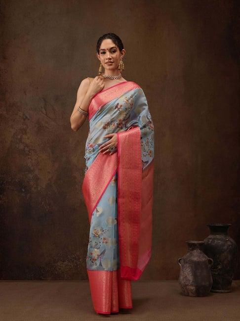 silk land blue & pink silk woven saree with unstitched blouse