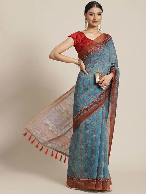 silk land blue & red printed saree with unstitched blouse