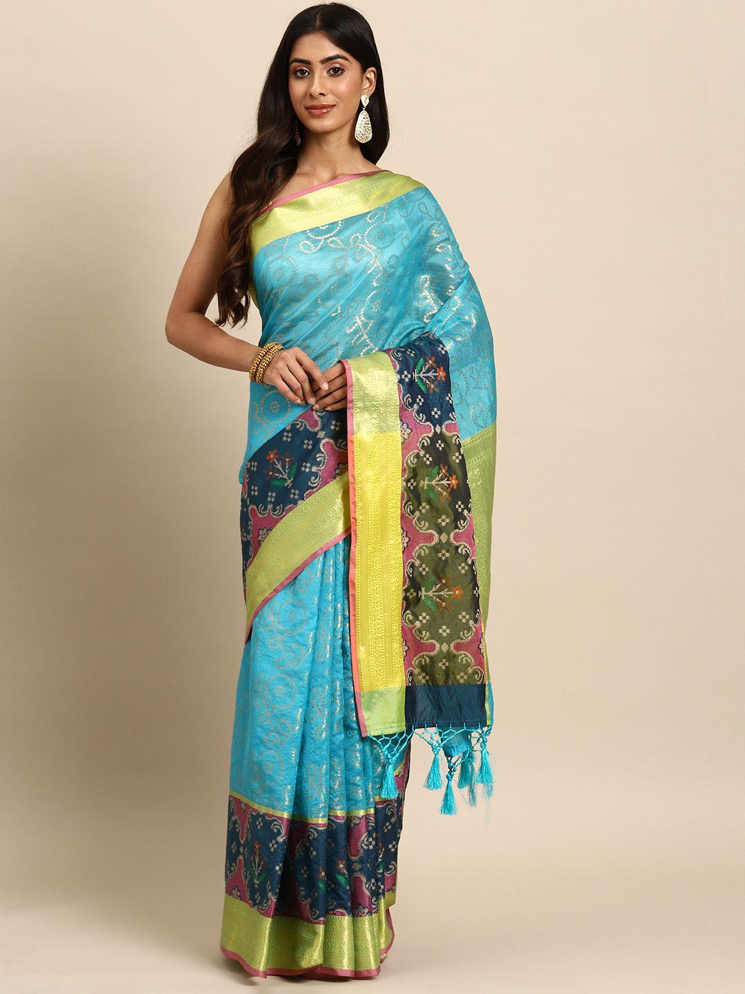 silk land blue & yellow zari silk blend banarasi saree