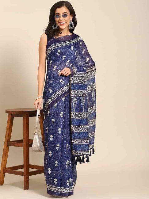 silk land blue cotton floral print saree with unstitched blouse