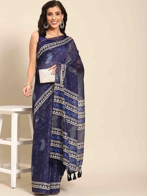 silk land blue cotton paisley print saree with unstitched blouse