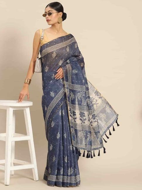 silk land blue cotton printed saree with unstitched blouse