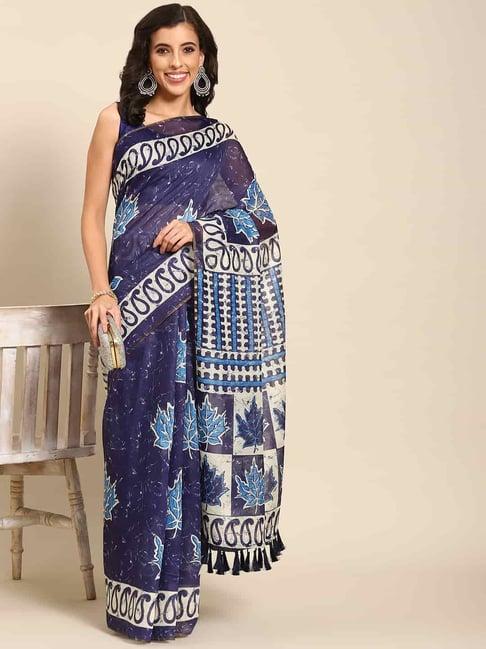 silk land blue cotton printed saree with unstitched blouse