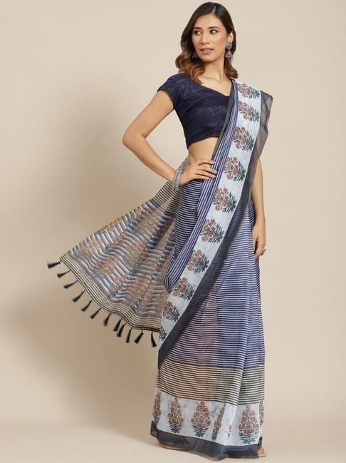 silk land blue cotton striped saree with unstitched blouse