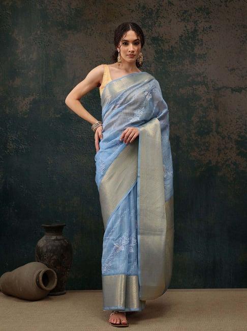 silk land blue embroidered saree with unstitched blouse