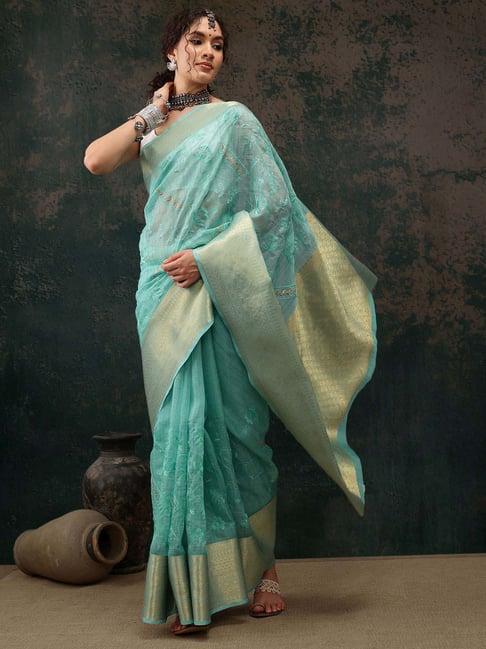 silk land blue embroidered saree with unstitched blouse