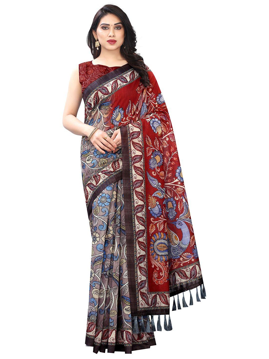 silk land blue grey kalamkari pure cotton saree with tassels