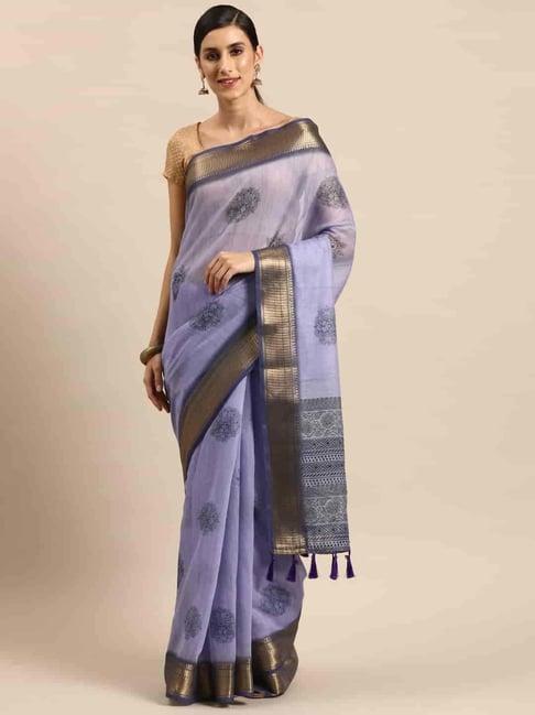 silk land blue printed saree with unstitched blouse