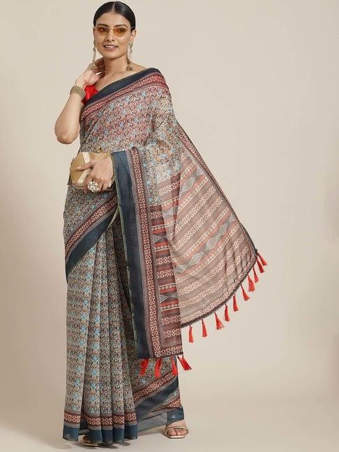 silk land blue printed saree with unstitched blouse