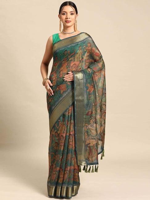 silk land blue printed saree with unstitched blouse