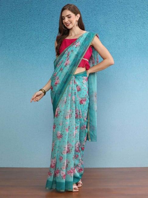 silk land blue printed saree with unstitched blouse