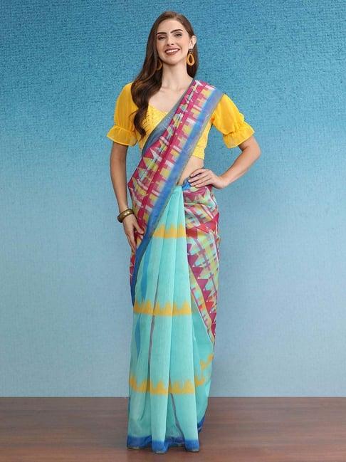 silk land blue printed saree with unstitched blouse