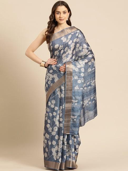 silk land blue silk floral print saree with unstitched blouse