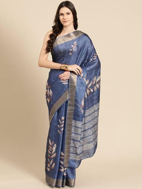 silk land blue silk floral print saree with unstitched blouse