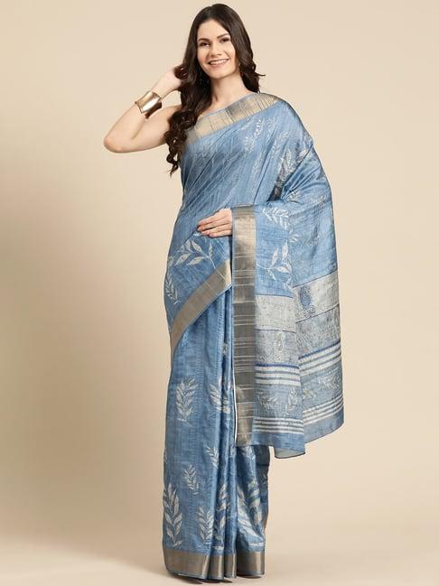 silk land blue silk floral print saree with unstitched blouse