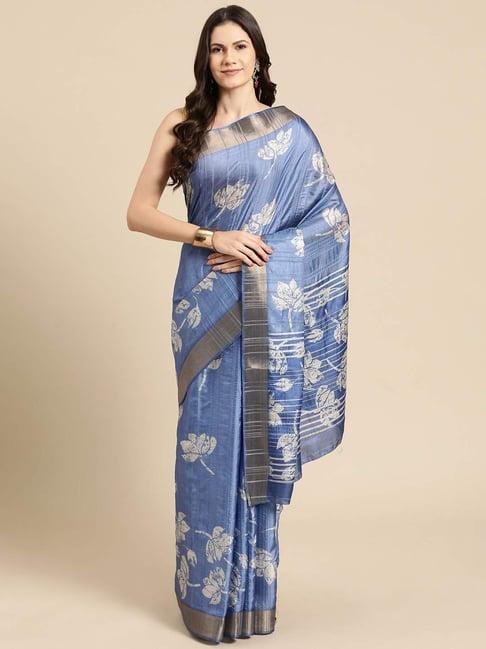 silk land blue silk floral print saree with unstitched blouse