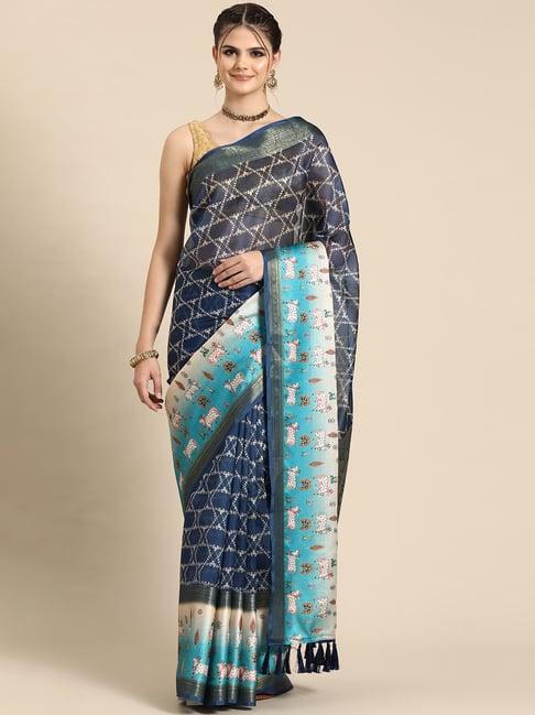 silk land blue silk printed saree with blouse