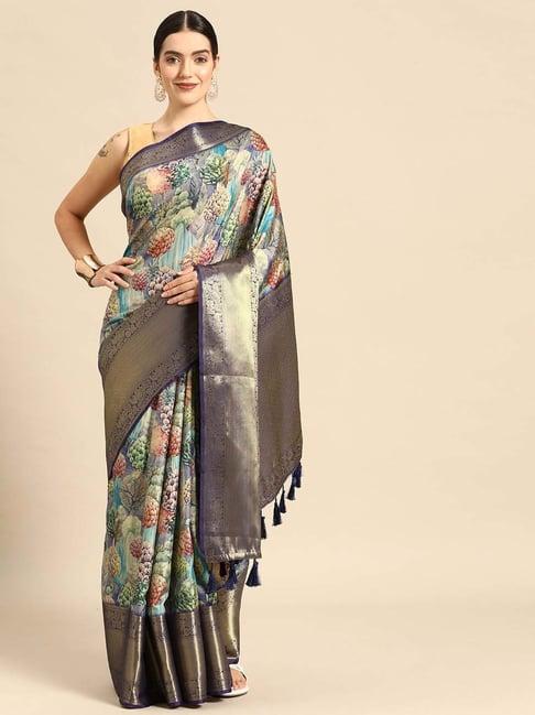 silk land blue silk printed saree with unstitched blouse