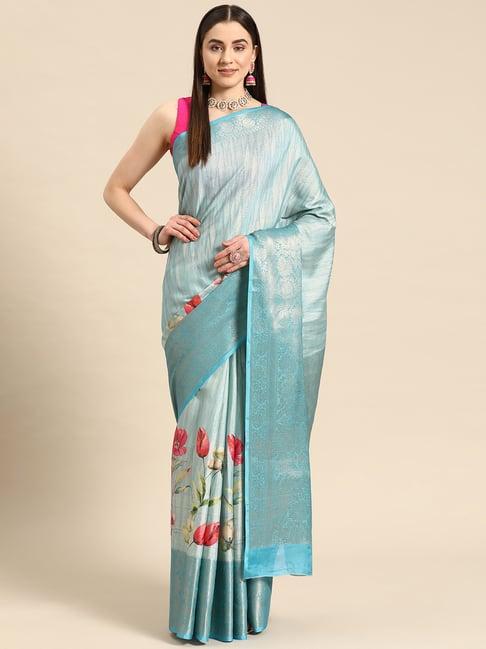 silk land blue tissue floral print saree with blouse