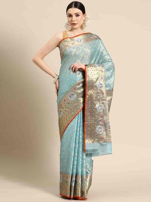 silk land blue woven saree with unstitched blouse