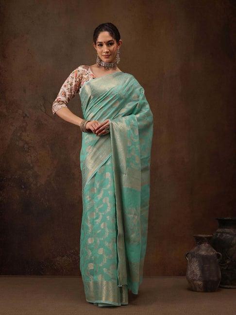 silk land blue woven saree with unstitched blouse