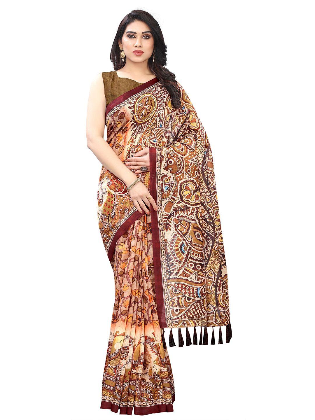 silk land brown & cream-coloured kalamkari pure cotton fusion ikat saree