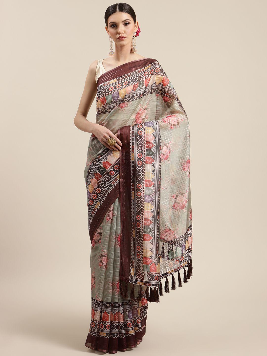 silk land brown & green kalamkari art silk saree