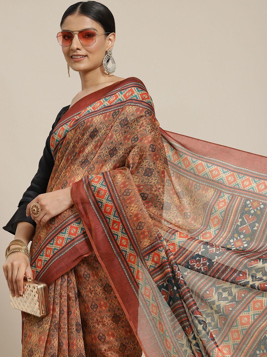 silk land brown & maroon kalamkari block print saree