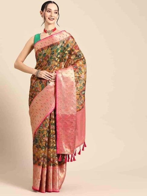 silk land brown & red silk printed saree with unstitched blouse