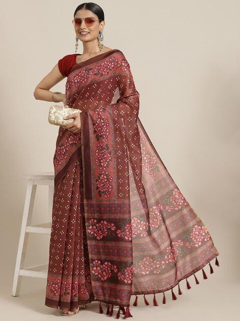 silk land brown cotton printed saree with unstitched blouse