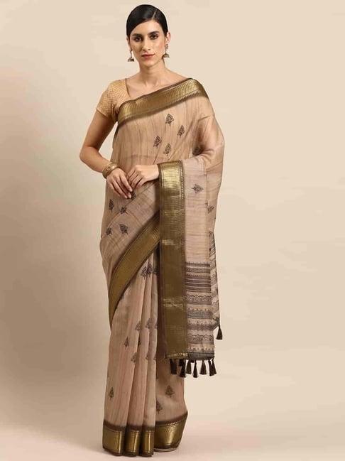 silk land brown printed saree with unstitched blouse