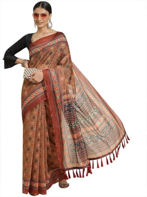 silk land brown printed saree with unstitched blouse